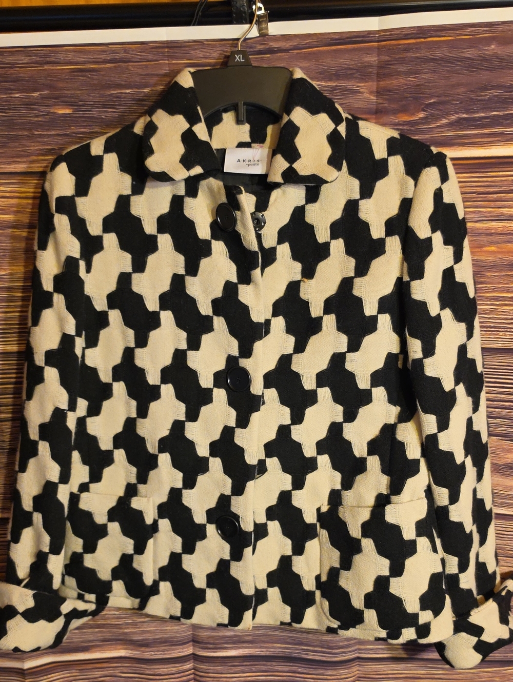 Akris Punto Black And Cream Wool Geometric Design Jacket